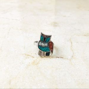 Stone chip & Resin Sterling Silver Little Owl Ring